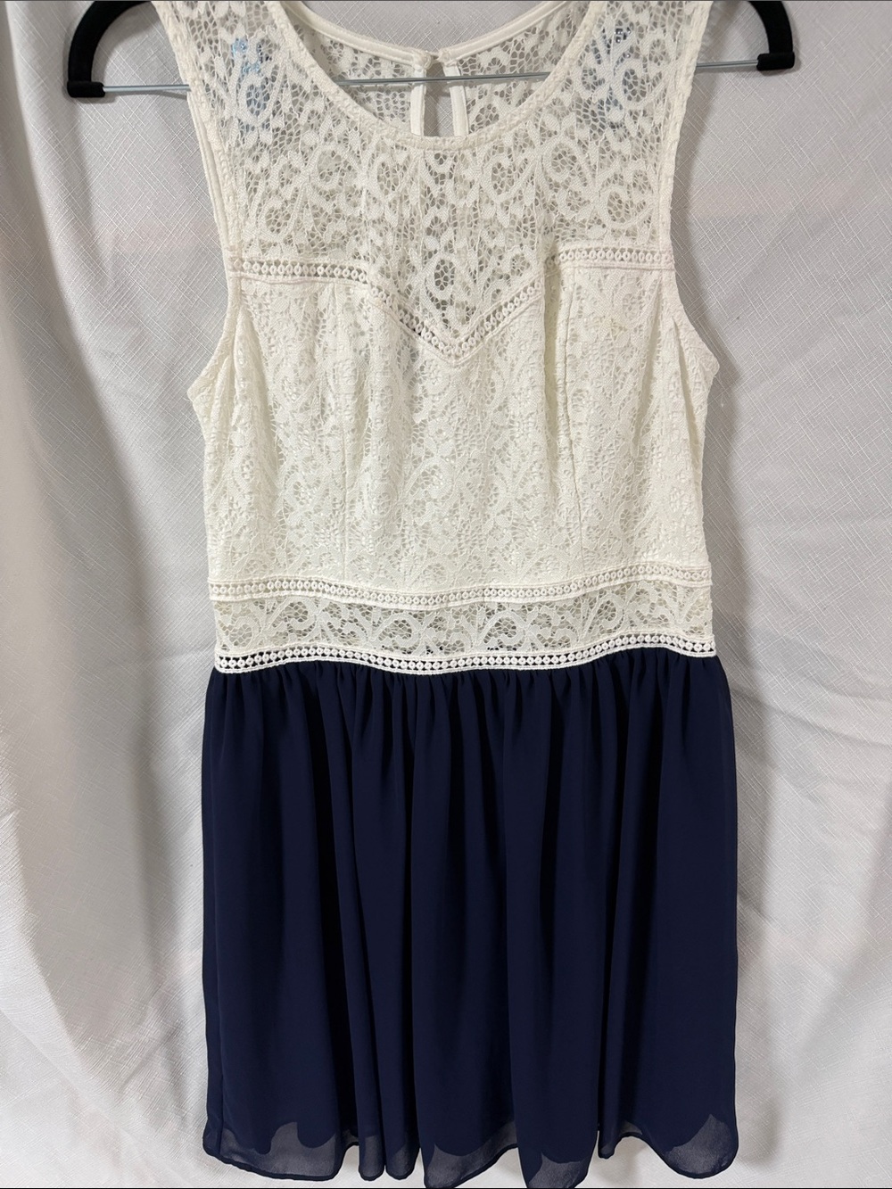 A. Byer White Lace and Navy Chiffon Midi Dress